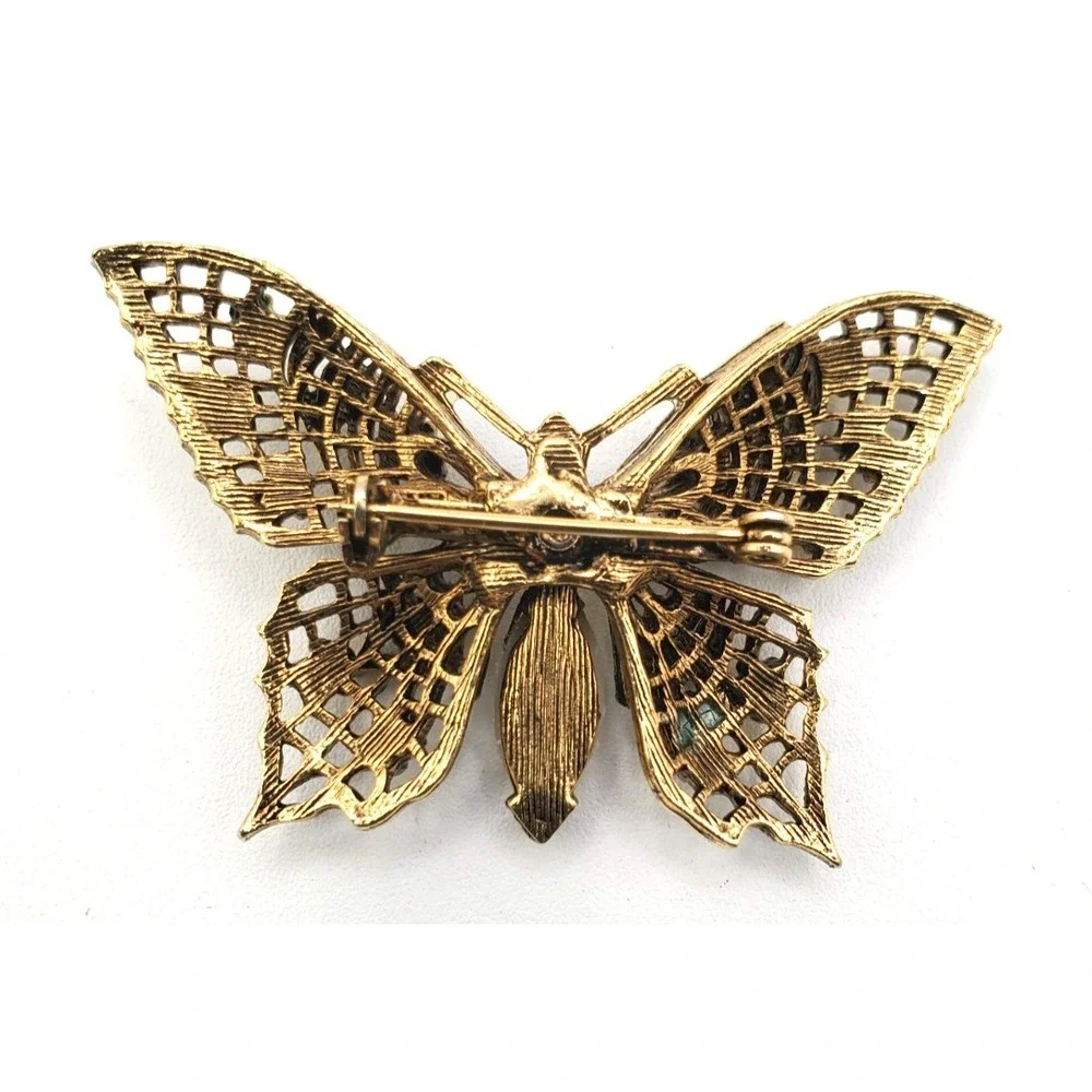 Vintage Filigree Butterfly Brooch Gold Tone Milk Glass & Flowers